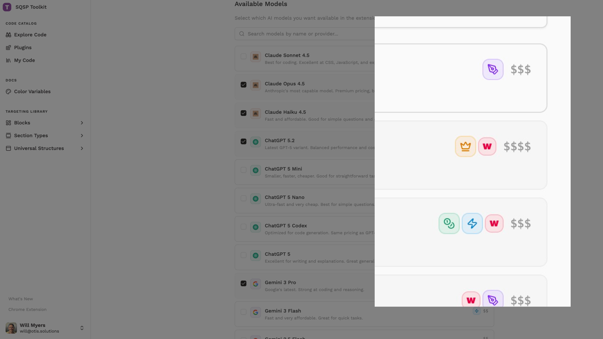 Model badges showing characteristics