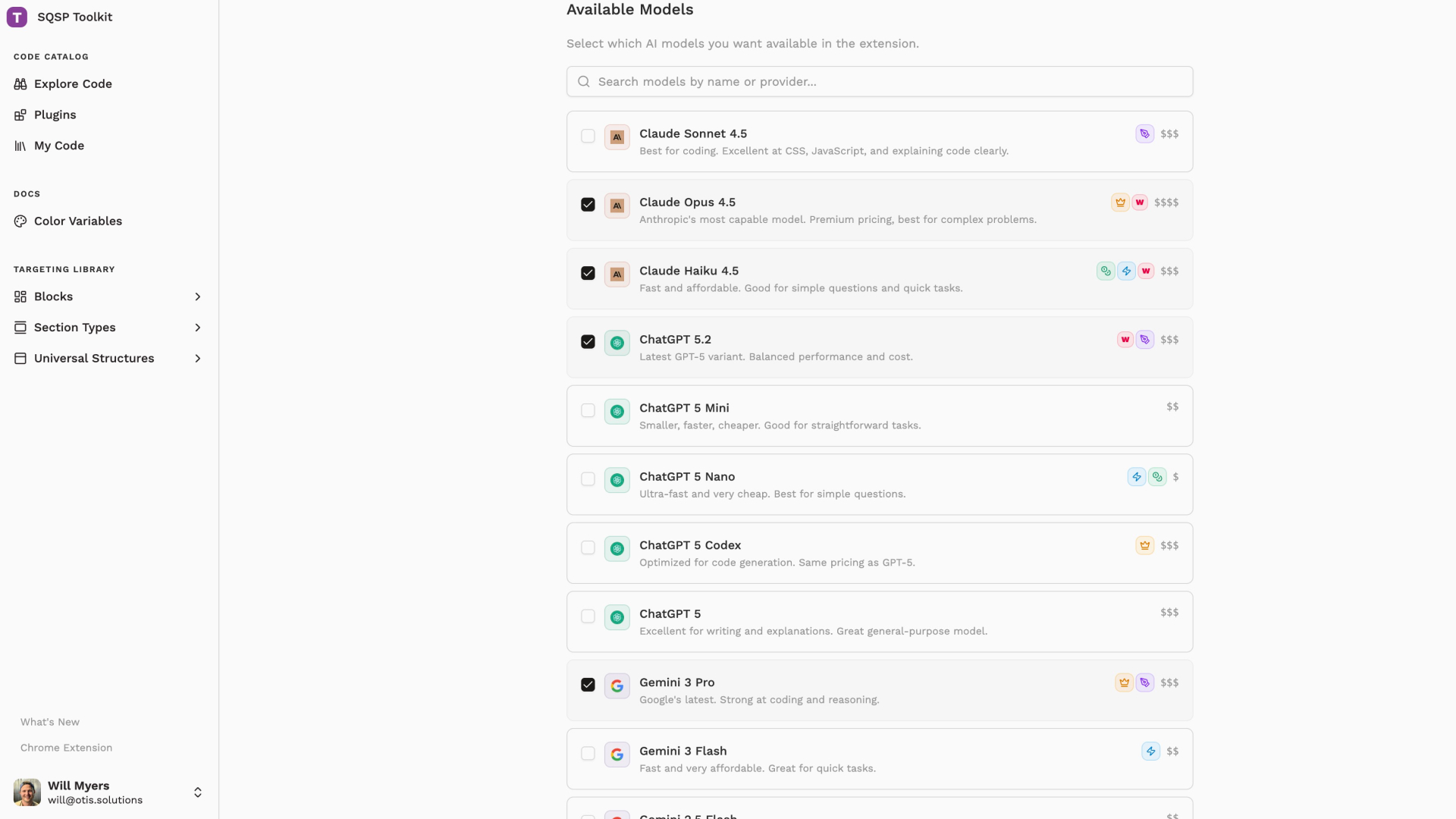 AI Settings model configuration on website